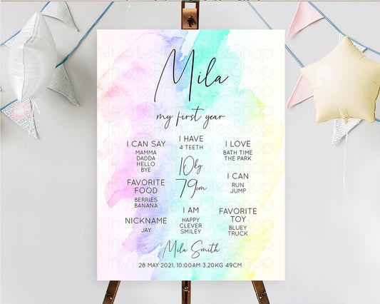 Pastel First Birthday Milestone Board Pastel Rainbow Milestone Poster Colorful Confetti Watercolor Glitter 1st Birthday Welcome Sign D10231