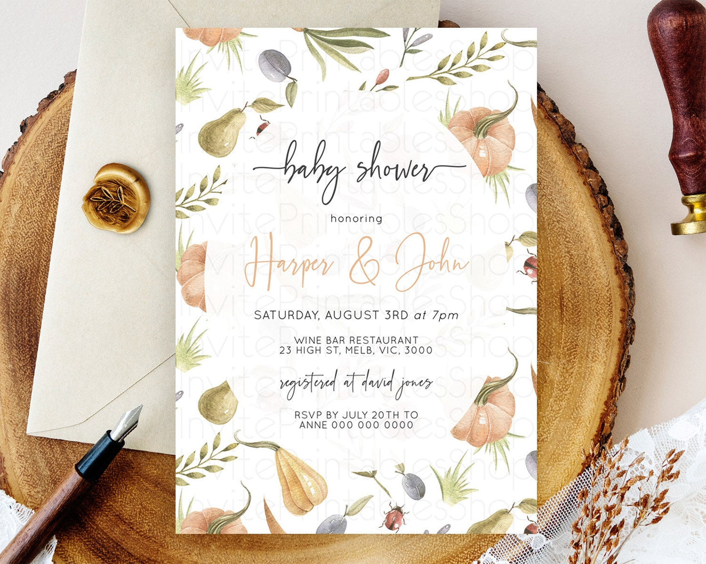 Pumpkin Baby Shower Invitation Pear Invitation Ladybug Invitation Plum Invitation Country Watercolor Baby Shower Invitation D10543