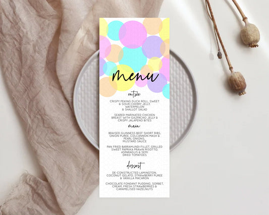 Rainbow Menu Pastel Menu Template Pastel Rainbow Table Decor Confetti Colorful Pastel Menu Confetti Menu Dinner Plate Party Decor D10407