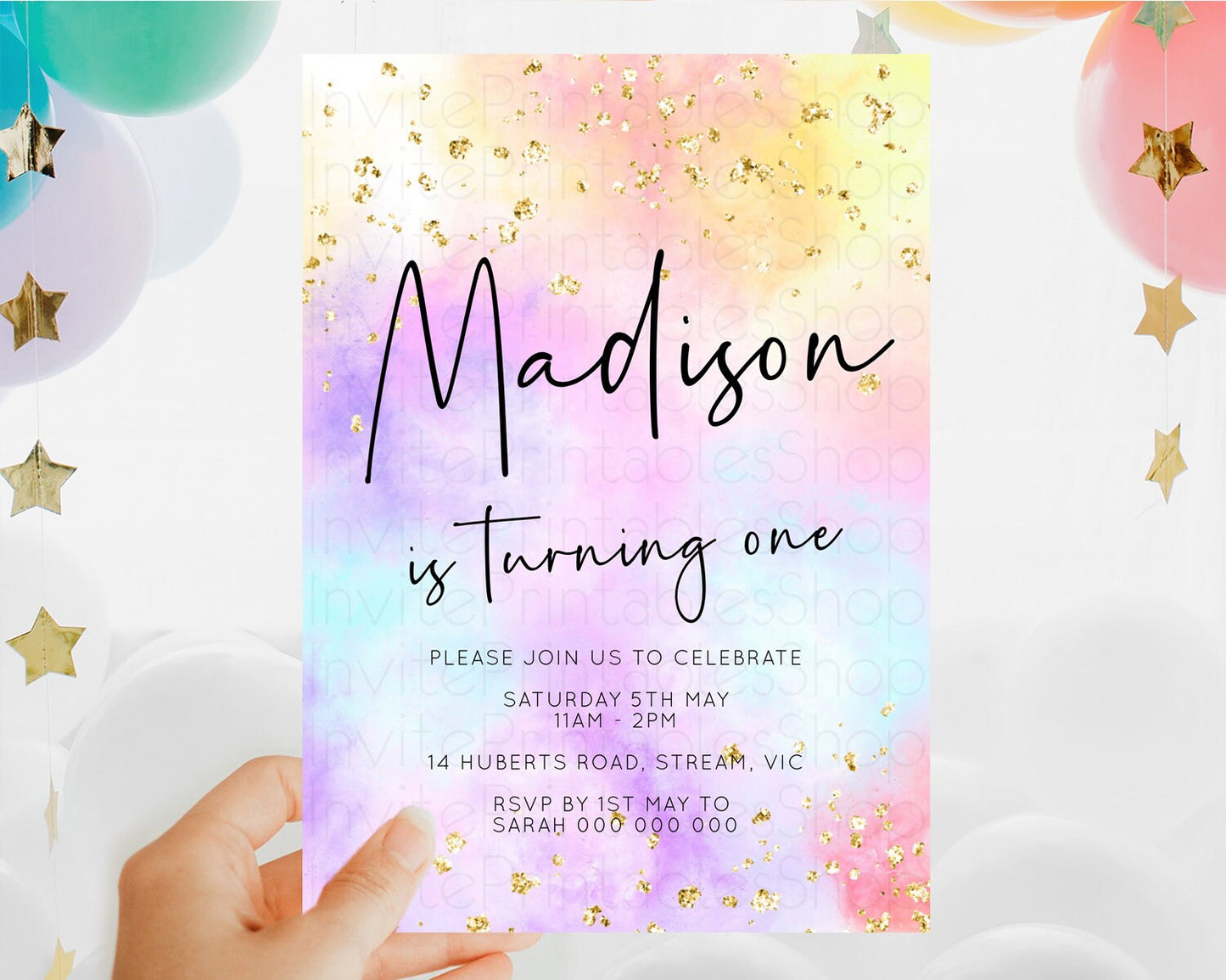 Rainbow Birthday Invitation Colorful Pastel Watercolor Invitation Gold Glitter Sprinkles Ombre Pastel 1st 2nd 3rd Birthday D10438