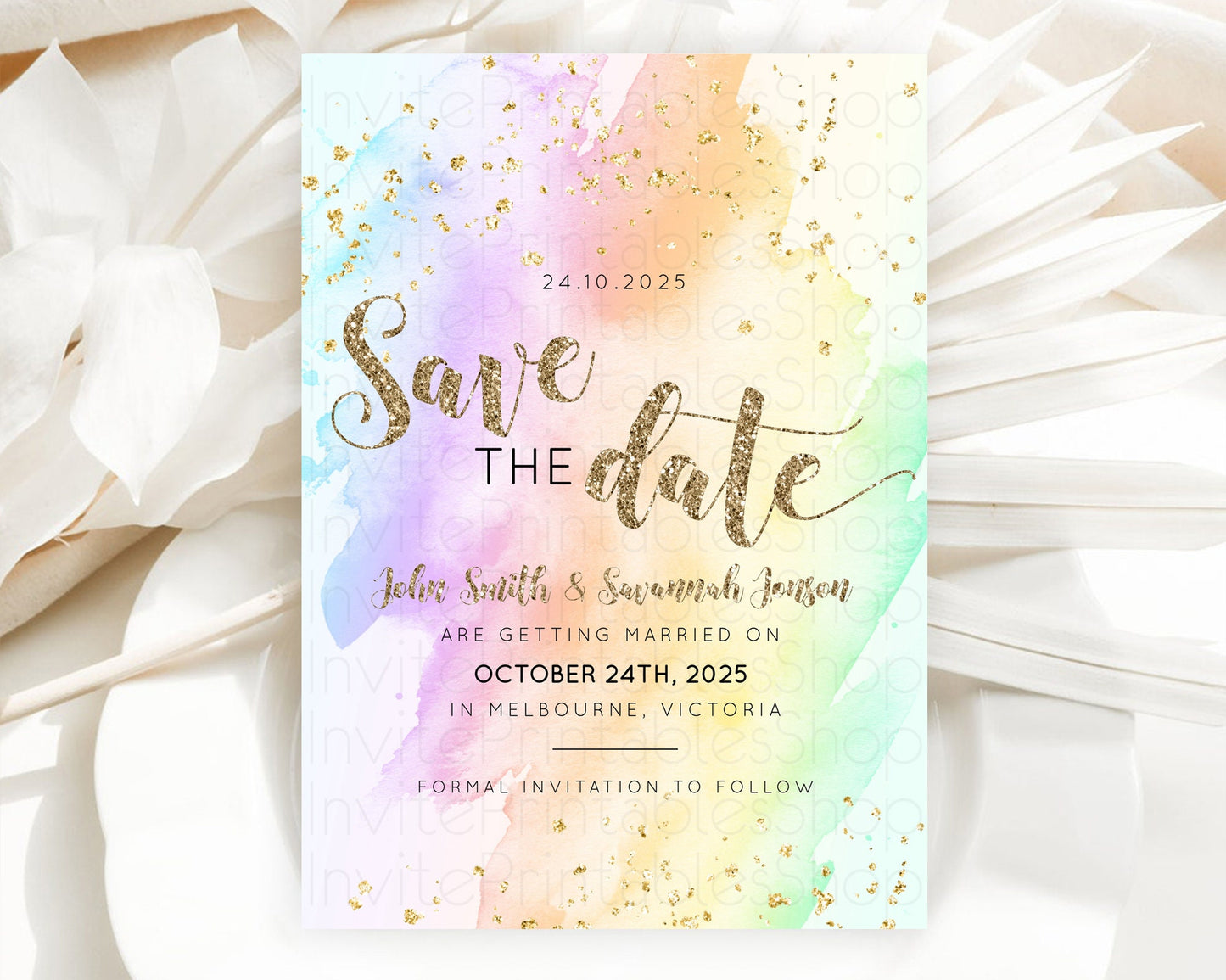 Pastel Save The Date Template Pastel Ombre Rainbow Watercolor Colorful Party For Birthday Baptism Baby Shower Wedding Bridal Shower D10643