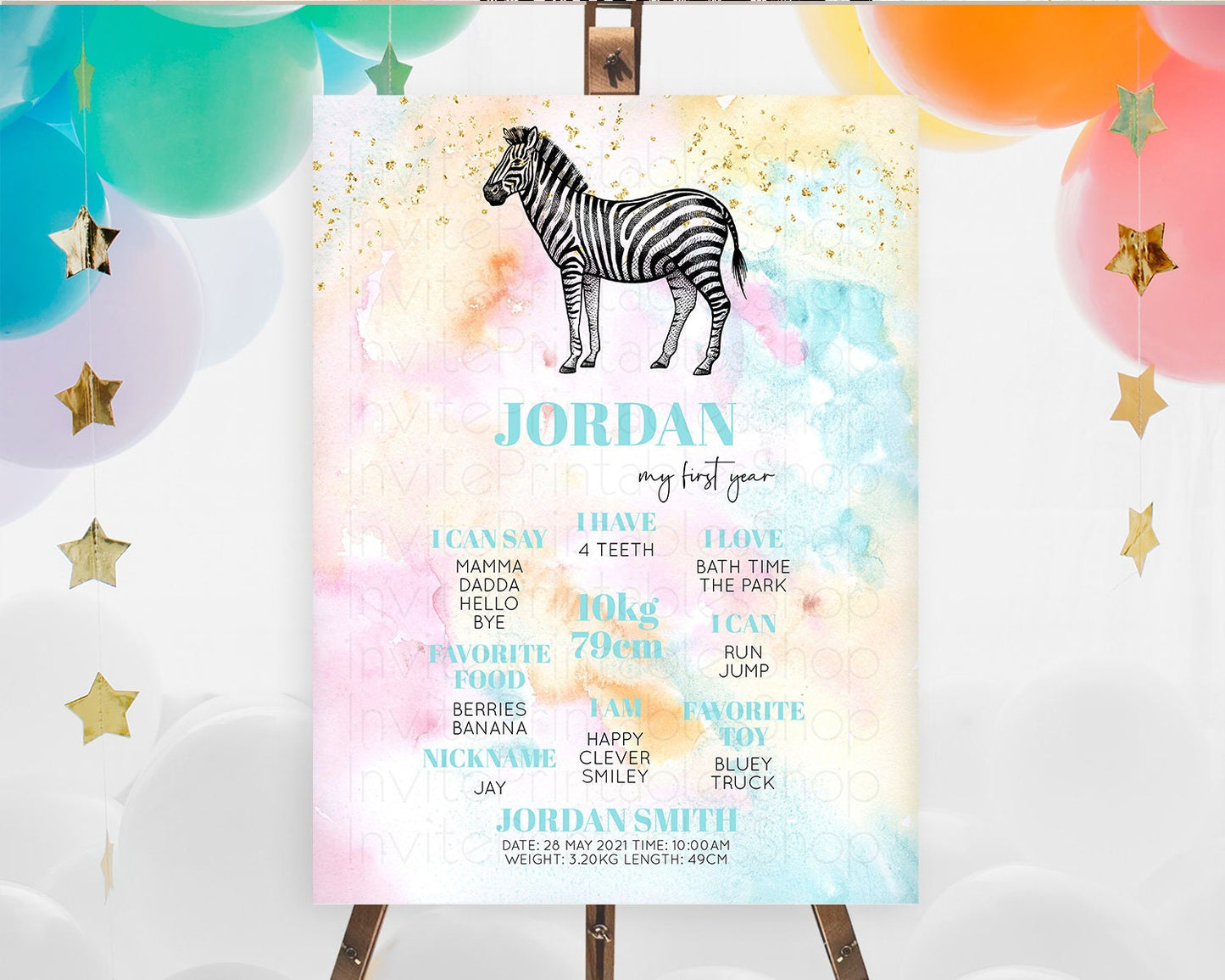 Pastel Zebra First Birthday Milestone Board Zebra Milestone Poster Colorful Rainbow Pastel Watercolor 1st Birthday Welcome Sign D10281