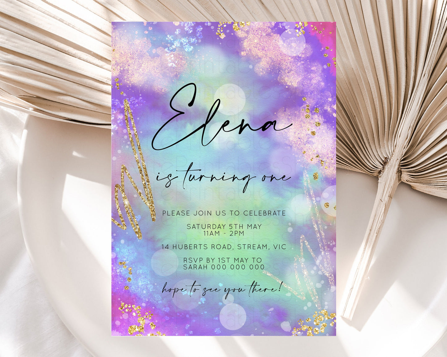 Rainbow Birthday Invitation Pastel Birthday Invite Ombre Watercolor Invite Enchanted Theme Colorful Splash Glitter Sprinkles 1st 2nd 3rd