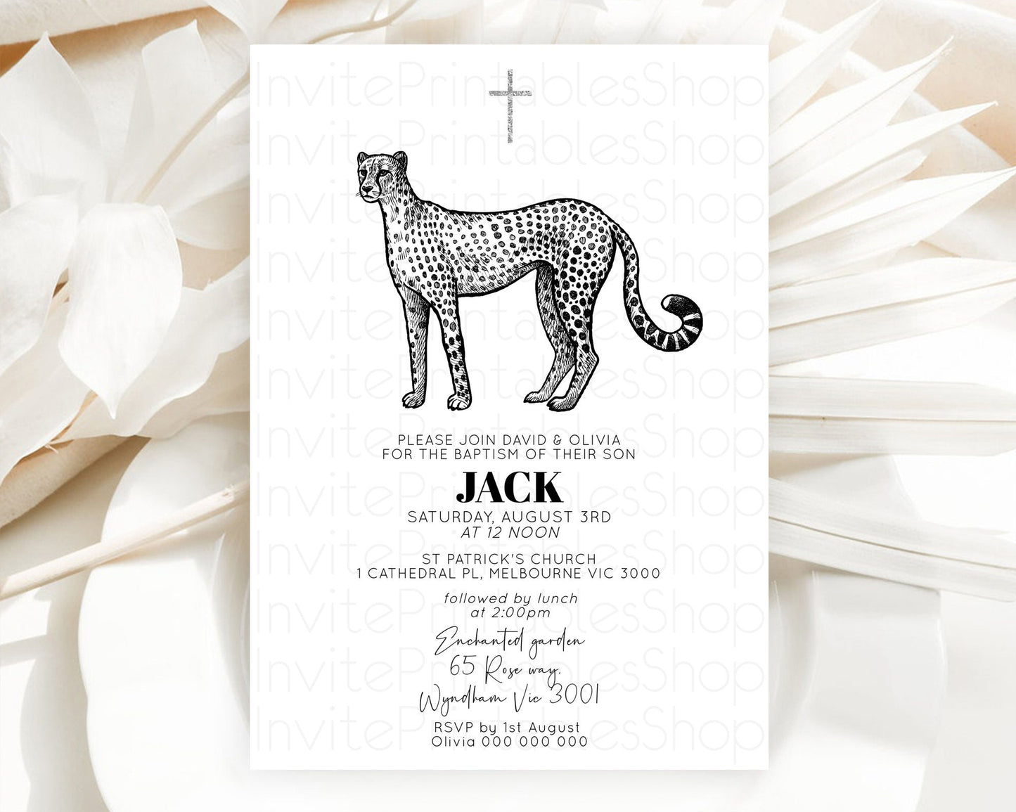 Cheetah Baptism Invitation Cheetah Baptism 1st Birthday Invitation Cheetah Safari Adventure Christening Party Palm Leaf Zoo Cheetah D10290