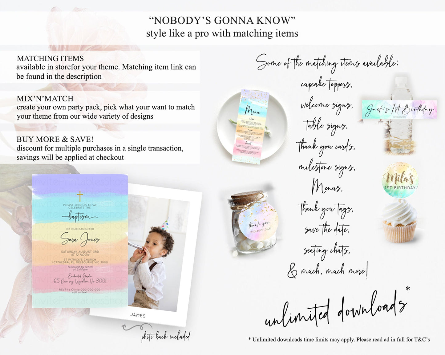 Pastel Baptism Invitation Pastel Colors Watercolor Baptism 1st Birthday Party Gold Ombre Pastel Rainbow Christening Holy Communion D10510