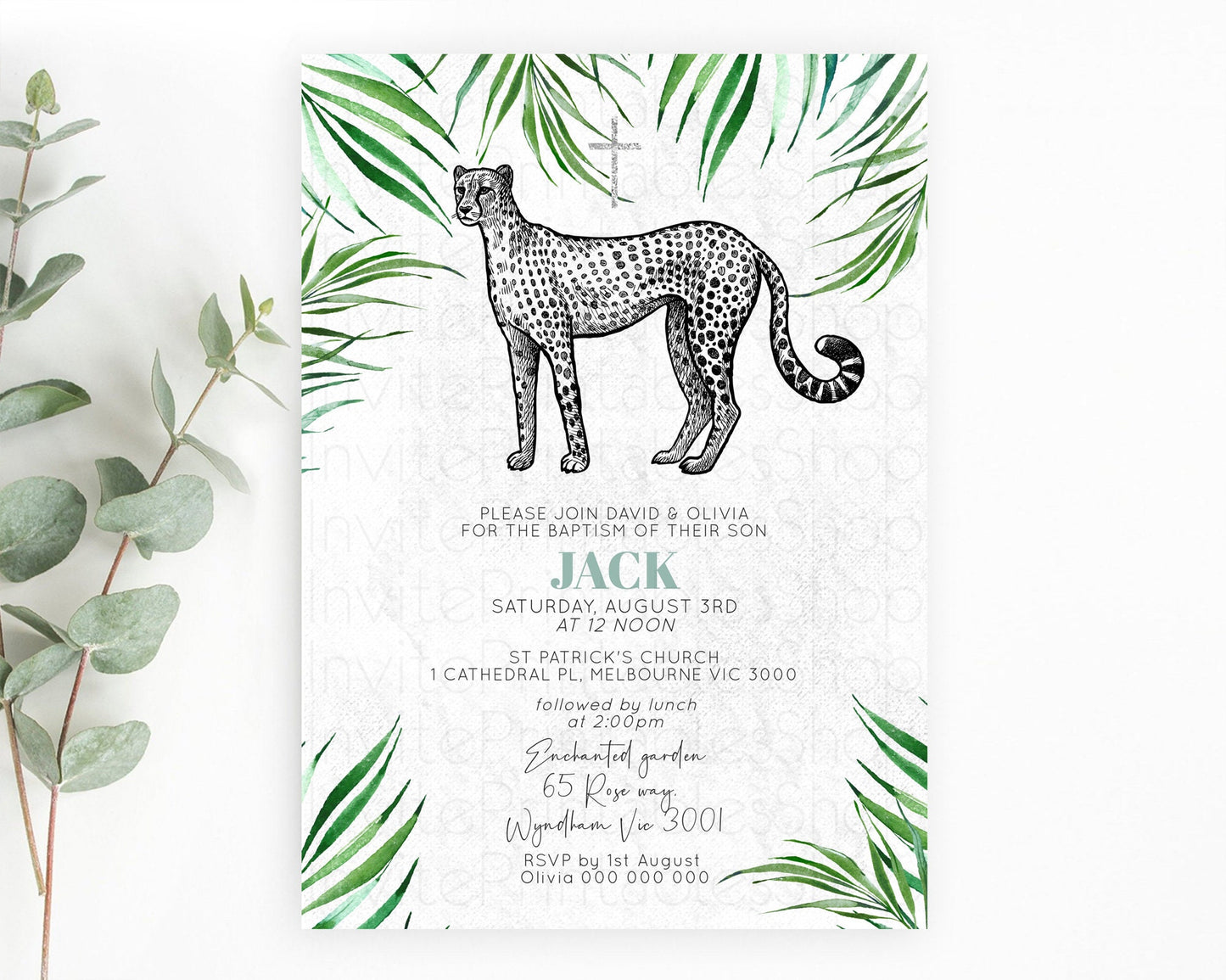 Cheetah Baptism Invitation Cheetah Baptism 1st Birthday Invitation Cheetah Safari Adventure Christening Party Palm Leaf Zoo Cheetah D10849