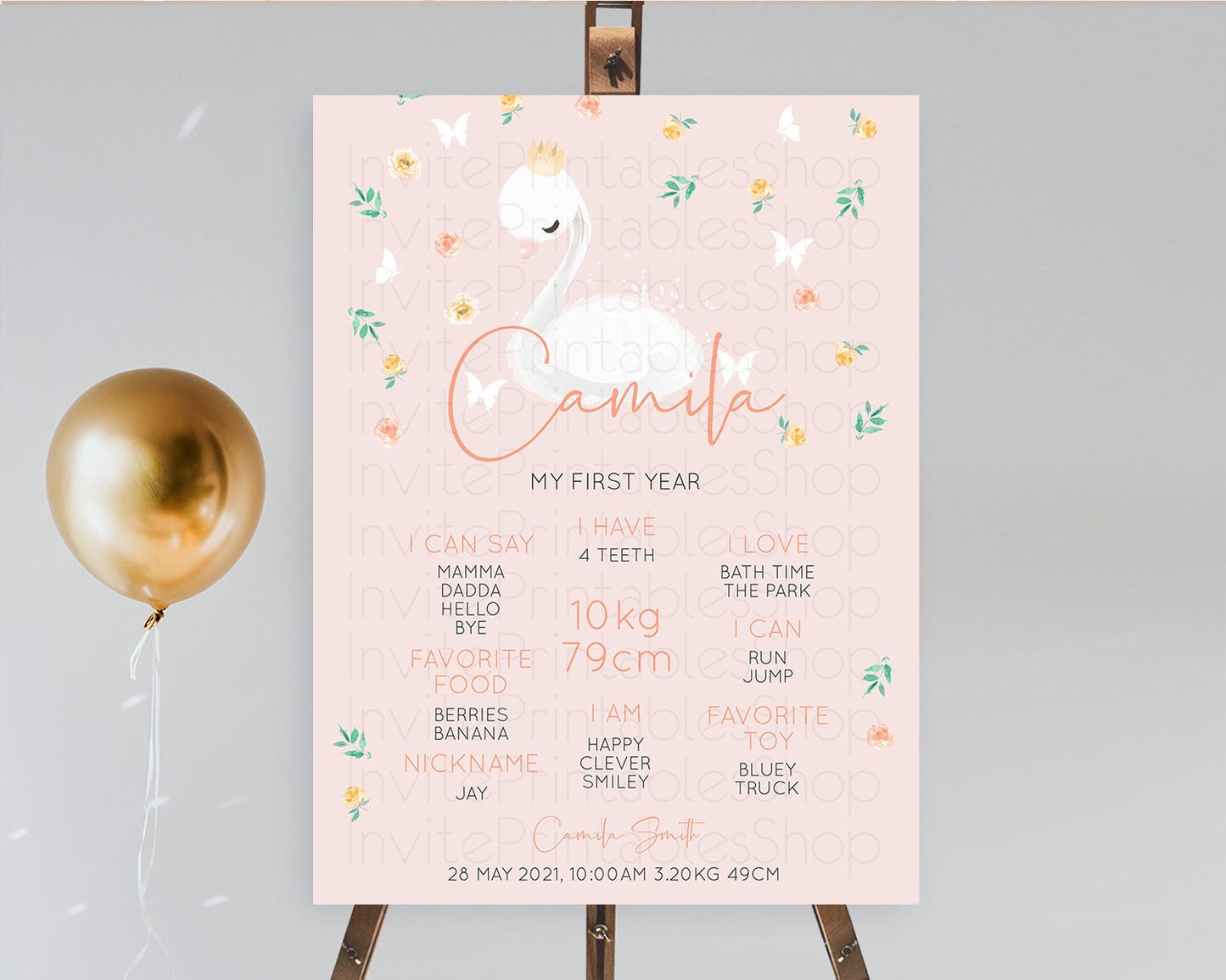 Swan First Birthday Milestone Poster Swan Princess Ballet Milestone Board Enchanted Forest Swan Lake Secret Garden Pastel Floral D10388