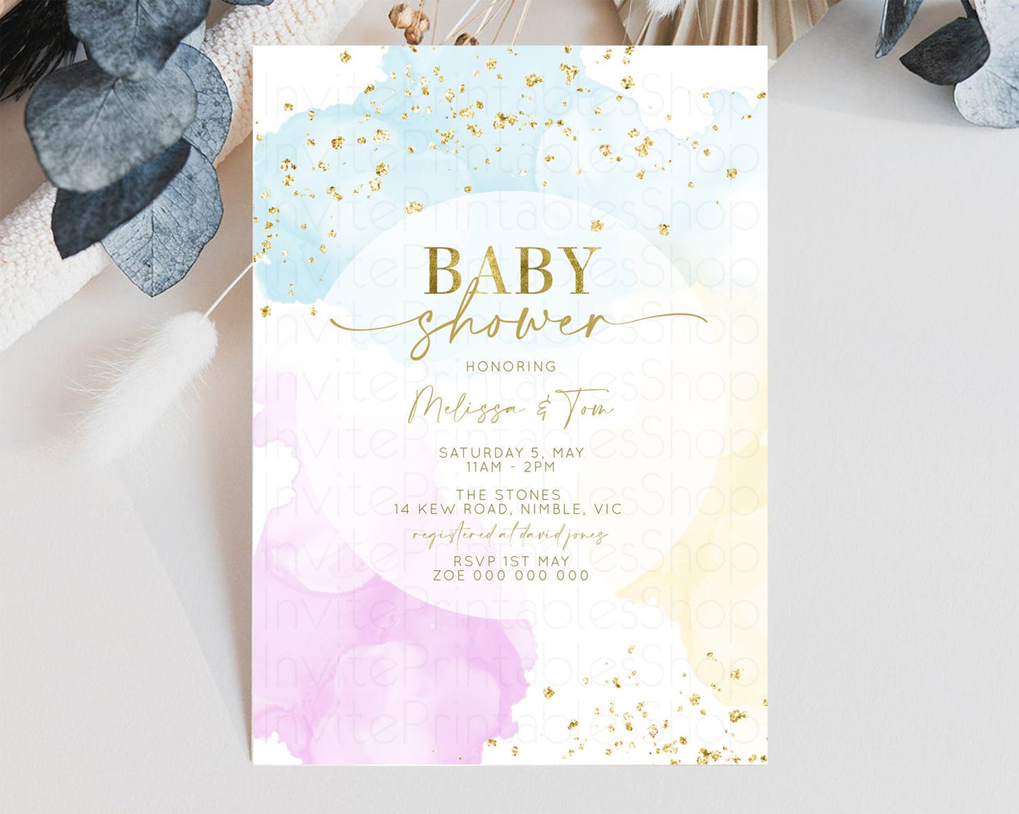 Rainbow Baby Shower Invitation Pastel Colors Invitation Watercolor Splash Baby Shower Gold Splatter Glitter Sprinkles Confetti Neutral 190V2