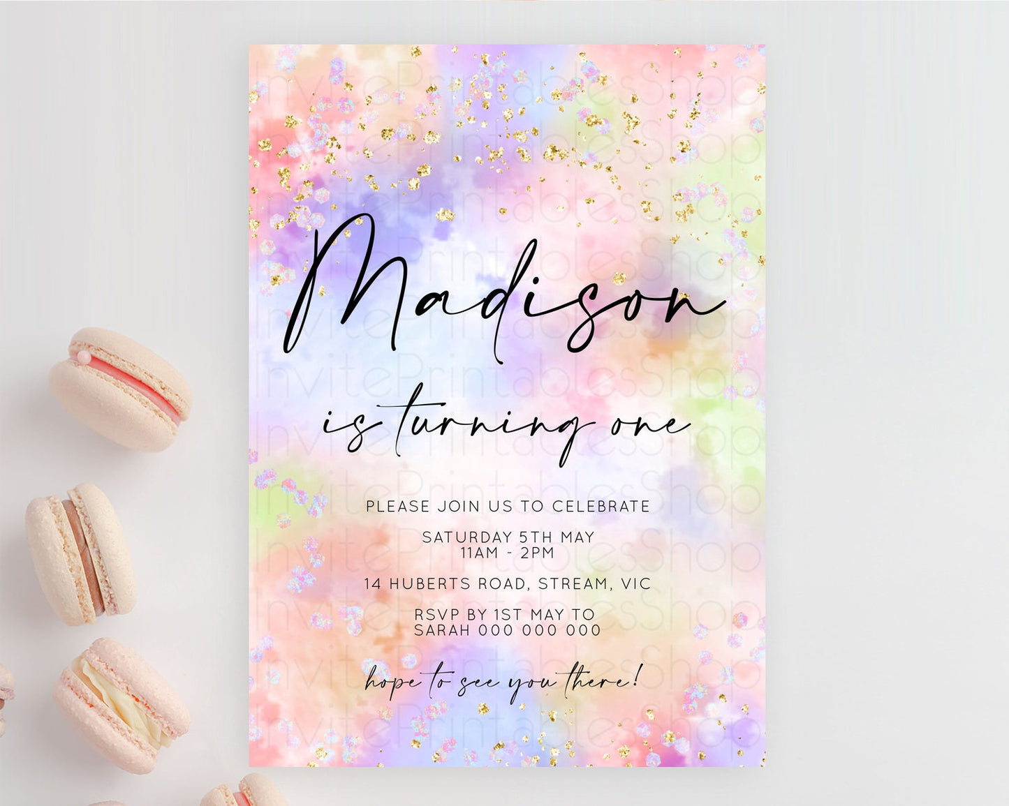 Rainbow Birthday Invitation Colorful Pastel Watercolor Invitation Gold Glitter Sprinkles Ombre Pastel 1st 2nd 3rd Birthday D10610