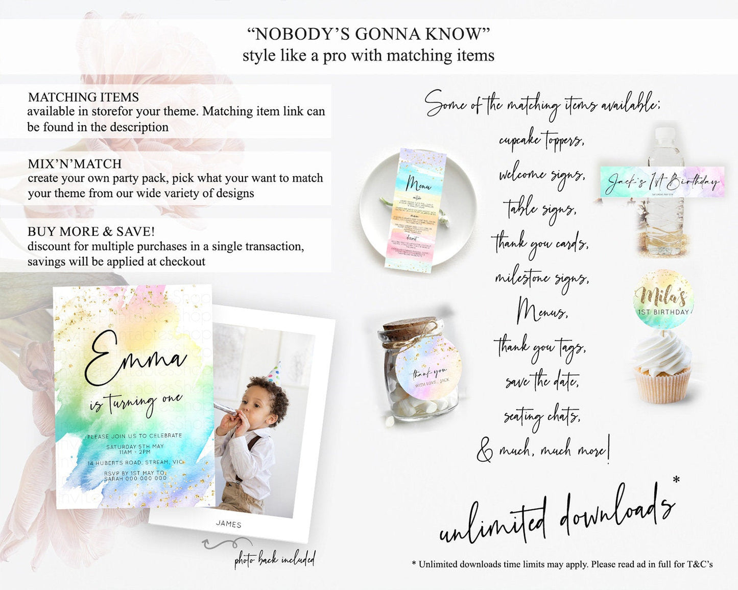 Rainbow Birthday Invitation Colorful Pastel Watercolor Invitation Gold Glitter Sprinkles Ombre Pastel 1st 2nd 3rd Birthday D10256