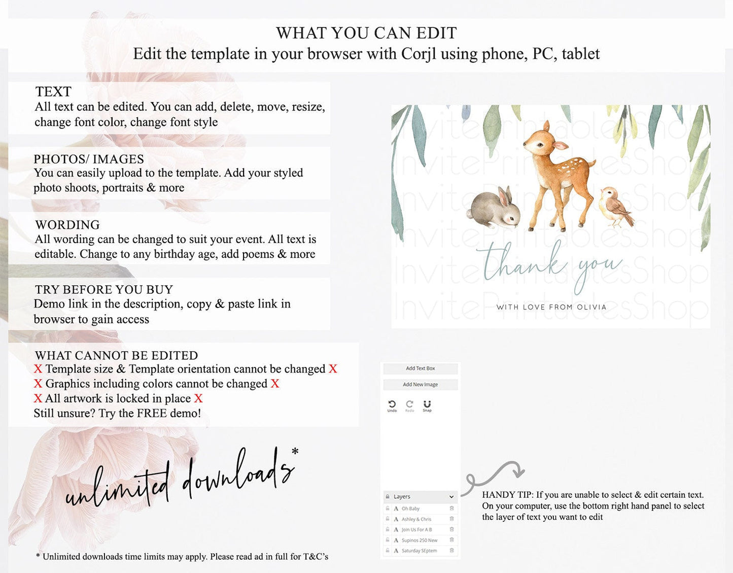 Fawn Thank You Deer Thank You Card Pastel Floral Deer Birthday Thank You Card Enchanted Forest Butterfly Deer Teacher Thank You Card D10919