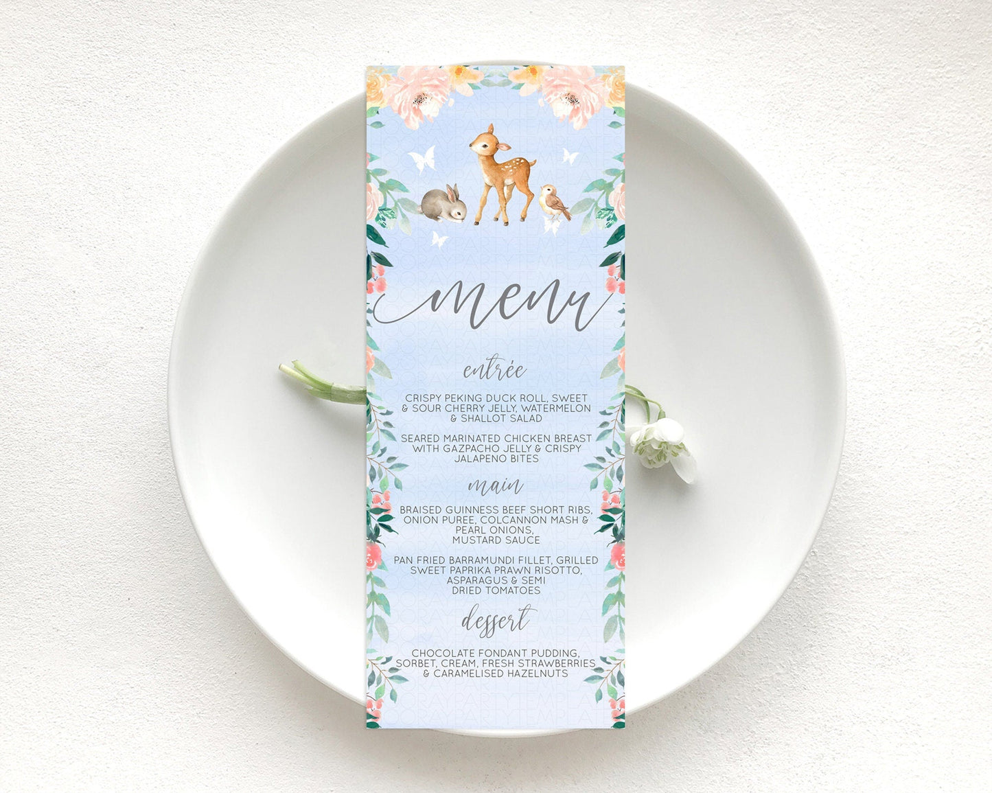 Fawn Menu Deer Menu Template Pastel Floral Deer Table Decor Enchanted Forest Butterfly Floral Dinner Dessert Menu Party Food Menu D10920