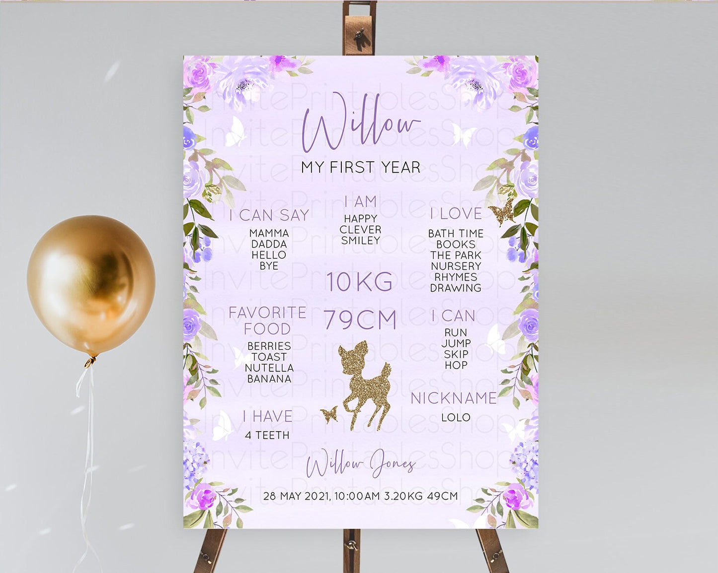 Fawn First Birthday Milestone Board Deer First Birthday Milestone Poster Enchanted Forest Butterfly Pastel Flowers 1st Birthday Sign D10963