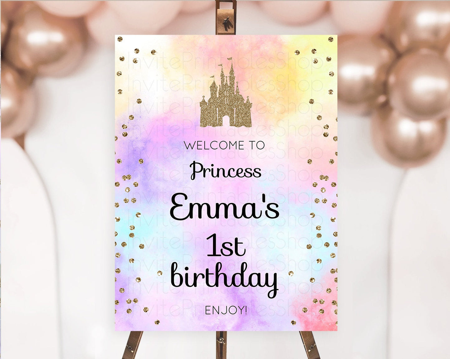 Princess Birthday Welcome Sign Pastel Princess Welcome Board Pastel Rainbow Colorful Enchanted Castle First Birthday Welcome Sign D10148