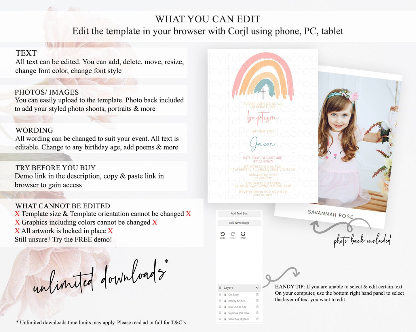 Pastel Rainbow Baptism Invitation Boho Rainbow Baptism 1st Birthday Invitation Rainbow Pastel Watercolor Christening Invitation D10351