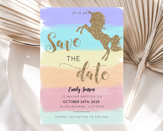 Editable Unicorn Rainbow Save The Date Template Pastel Unicorn Party Magical