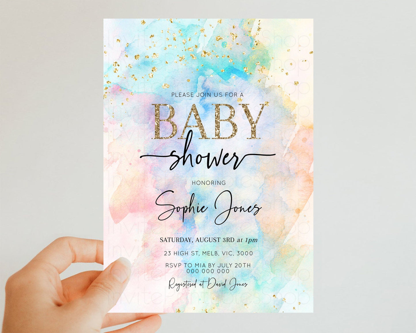 Rainbow Baby Shower Invitation Pastel Baby Sower Invitation Colorful Splash Invite Sprinkle Confetti Watercolor Ombre Baby Shower 276v3
