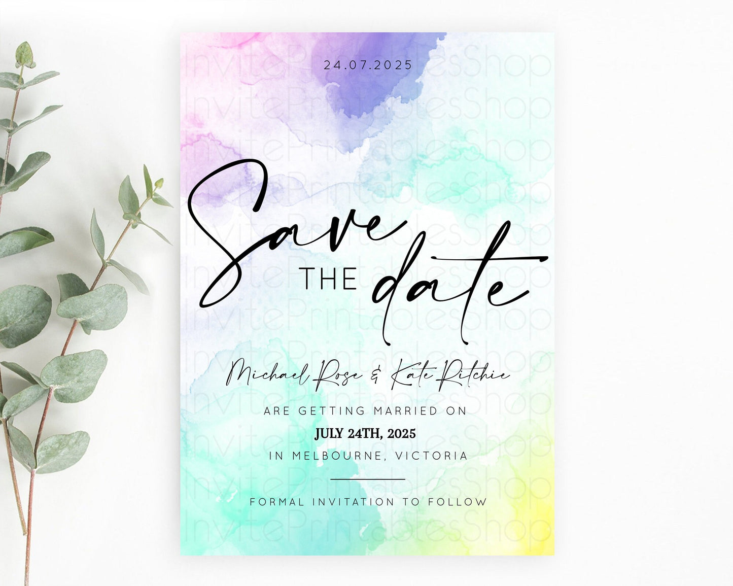 Pastel Save The Date Template Pastel Ombre Rainbow Watercolor Colorful Party For Birthday Baptism Baby Shower Wedding Bridal Shower D10157