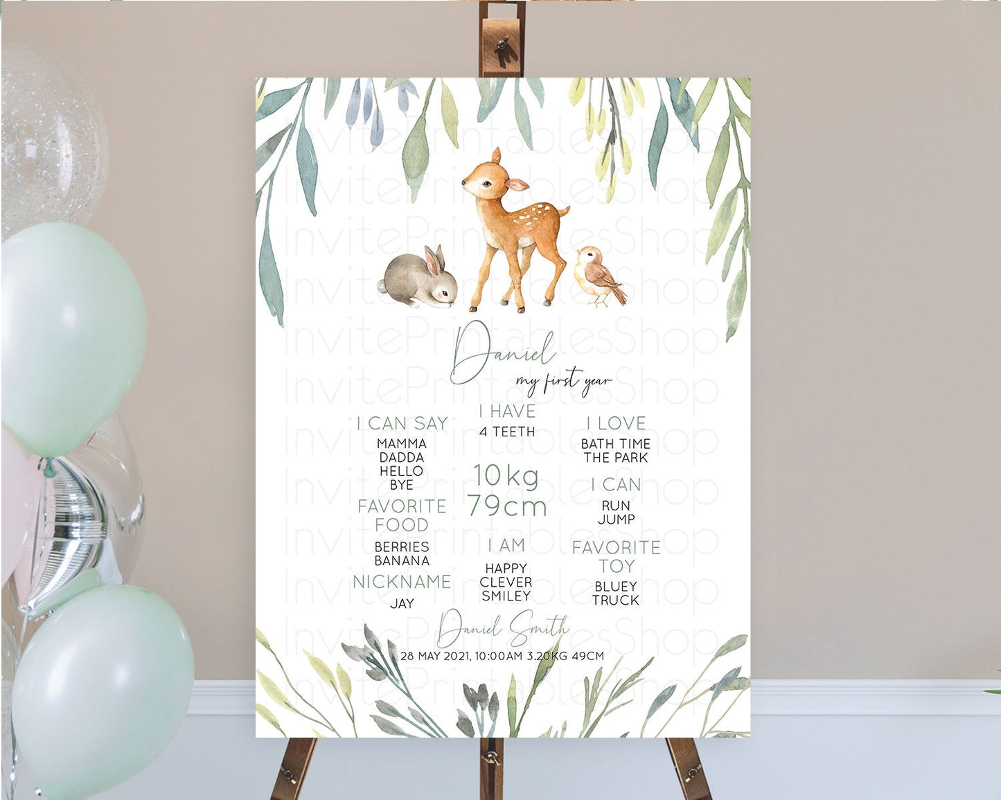 Fawn First Birthday Milestone Board Deer First Birthday Milestone Poster Enchanted Forest Butterfly Pastel Flowers 1st Birthday Sign D10919