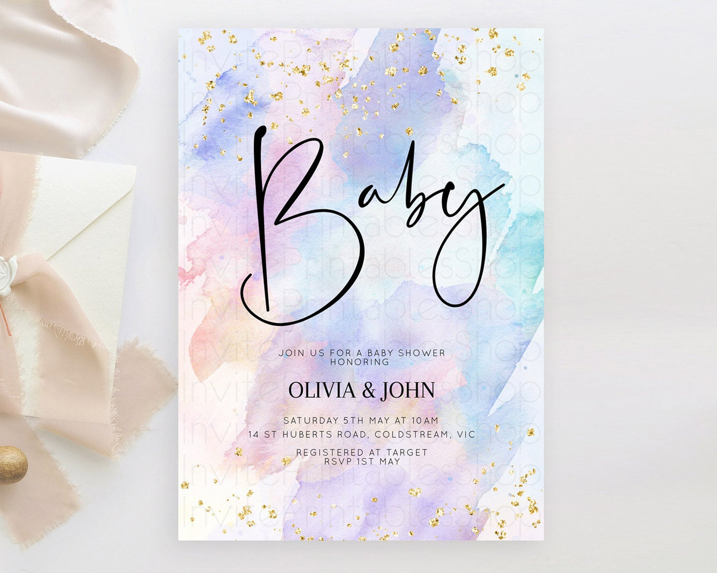 Pastel Baby Shower Invitation Rainbow Baby Shower Invitation Colorful Pastel Watercolor Invitation Gold Glitter Sprinkles Ombre D10583