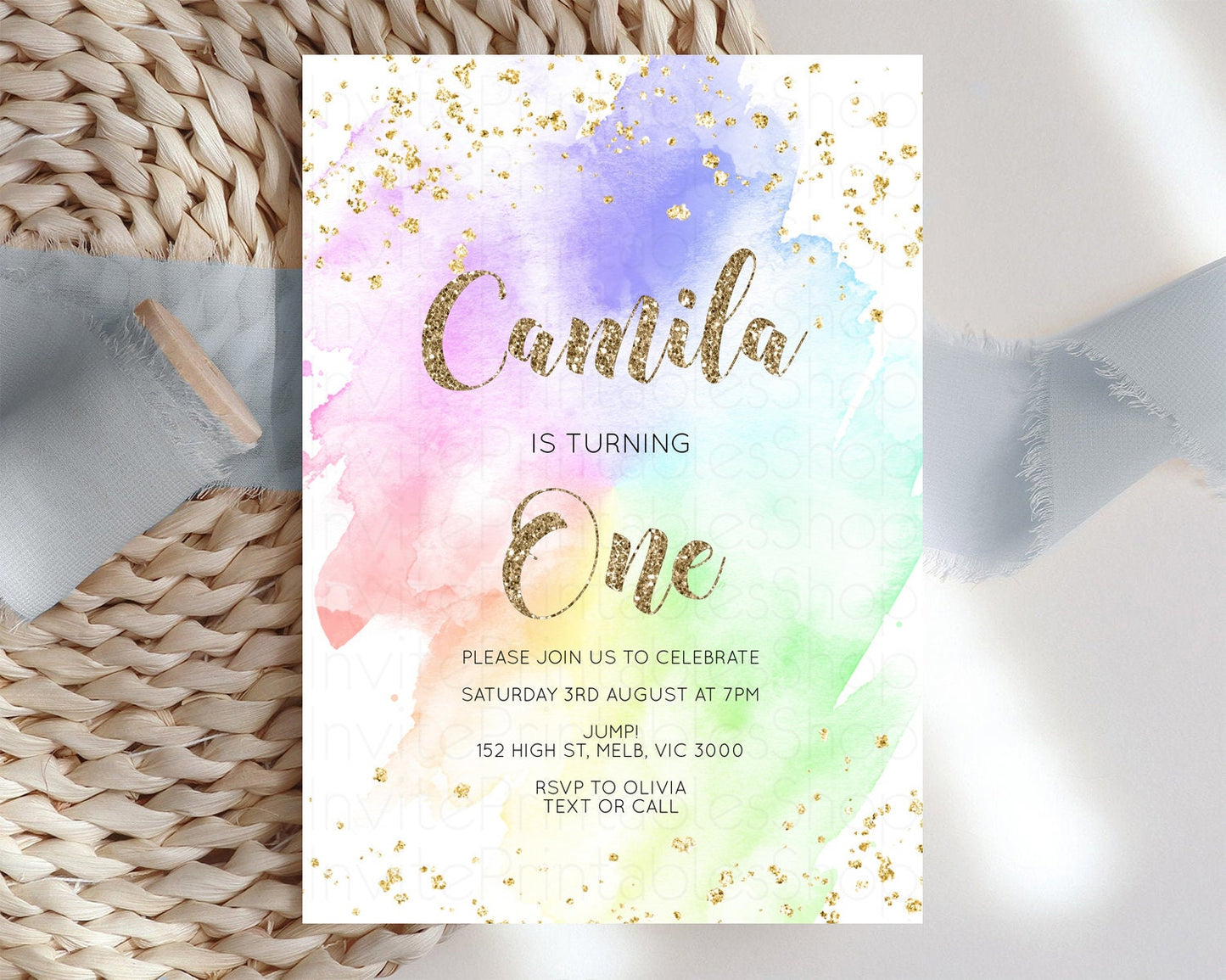 Rainbow Birthday Invitation Pastel Birthday Invitation Ombre Rainbow Invite Colorful Watercolor Invite Glitter Sprinkle Invitation G378