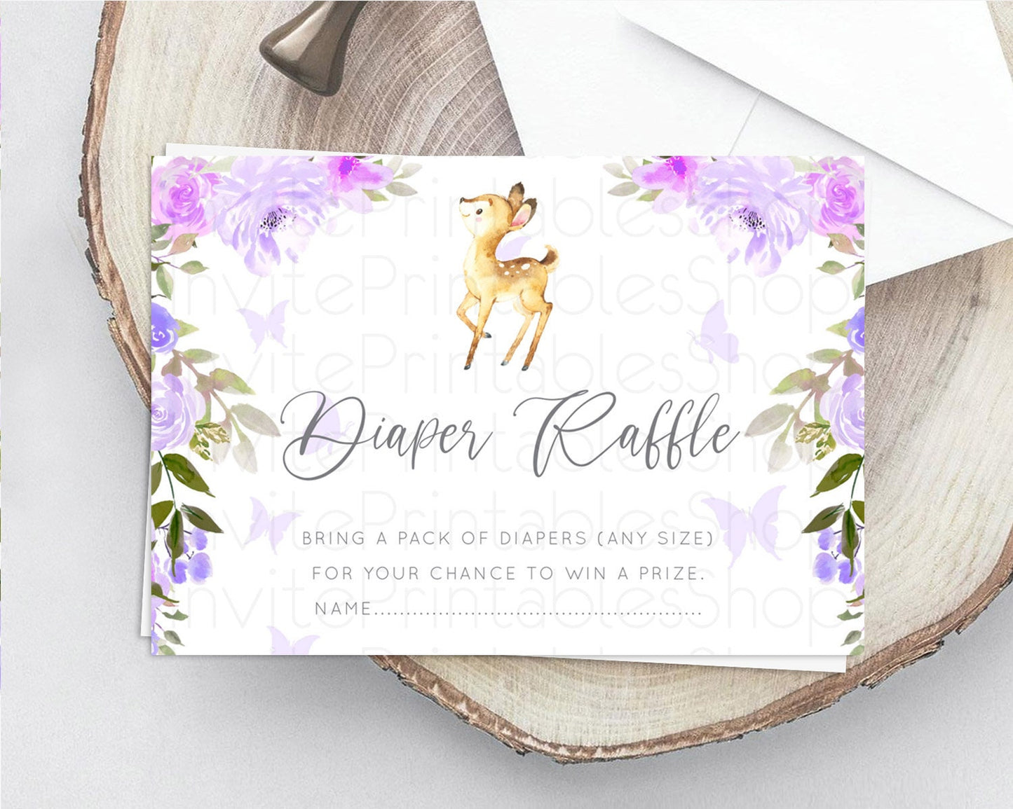 Fawn Diaper Raffle Card Deer Diaper Insert Floral Deer Diaper Ticket Enchanted Forest Butterfly Pastel Baby Shower Raffle Game D10916