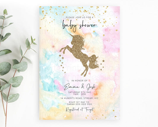 Unicorn Rainbow Baby Shower Invitation Pastel Unicorn Invite Magical Ombre Invite Colorful Watercolor Invite Glitter Sprinkle Party D10548