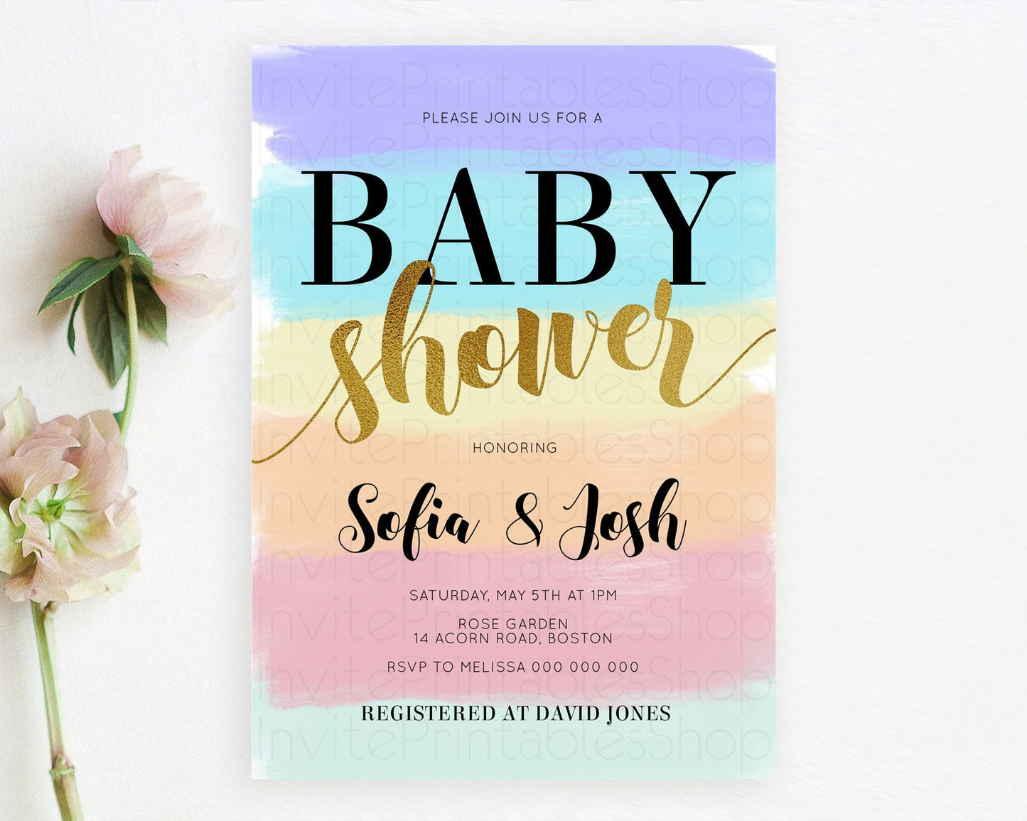 Pastel Baby Shower Invitation Rainbow Baby Shower Invitation Colorful Pastel Watercolor Invitation Gold Glitter Sprinkles Ombre D10510