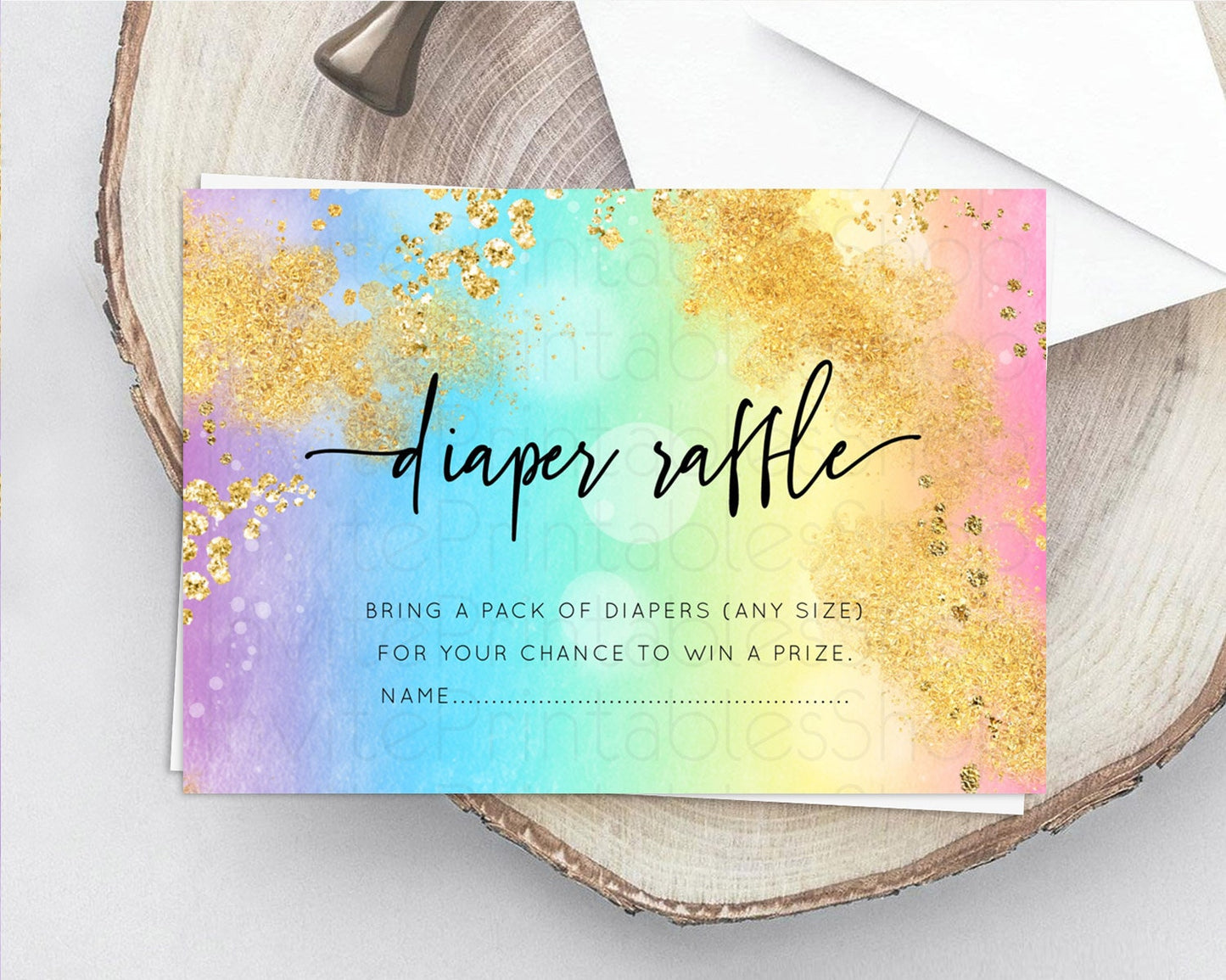 Pastel Diaper Raffle Card Pastel Rainbow Diaper Raffle Insert Colorful Ombre Watercolor Diaper Ticket Confetti Glitter Raffle Game D10559