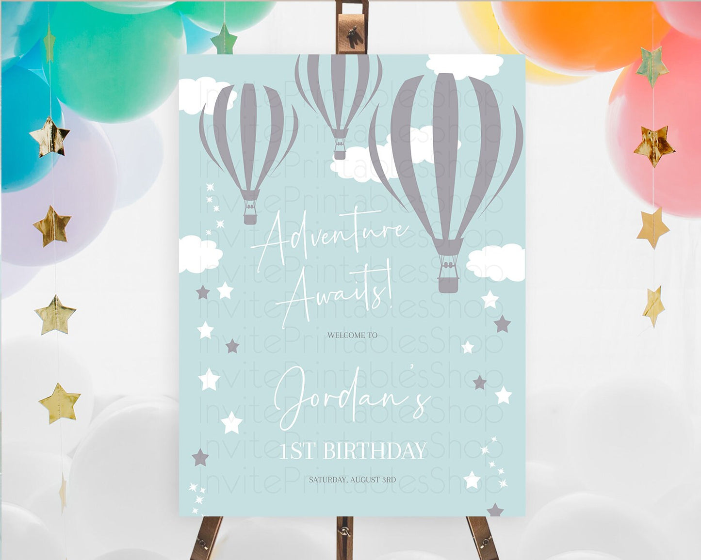 Hot Air Balloon First Birthday Welcome Board Hot Air Balloon Welcome Board Adventure Awaits Watercolor First Birthday Welcome Sign D10324