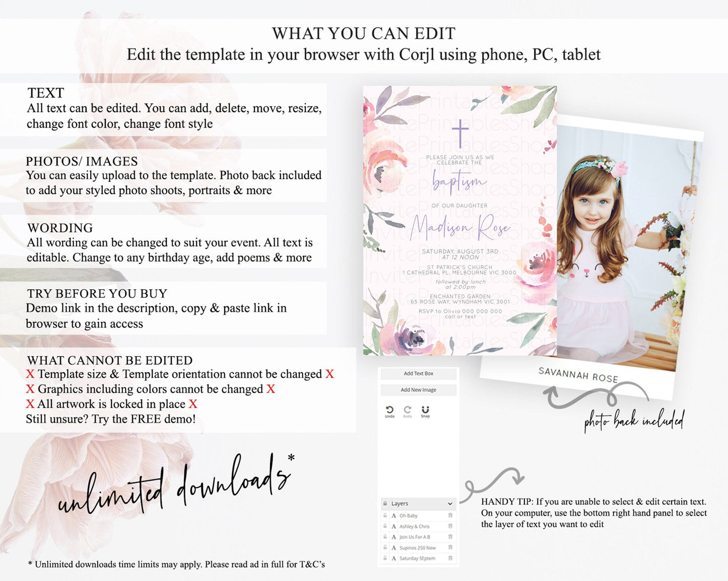 Secret Garden Baptism Invitation Wildflower Baptism Birthday Invite Pastel Flowers Christening Invite Enchanted Garden Boho Floral D10198