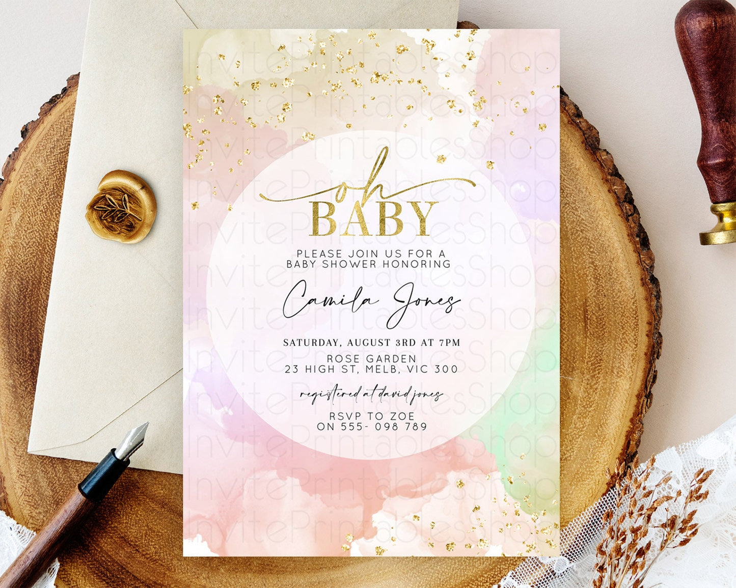 Pastel Rainbow Baby Shower Invitation, Colorful Watercolor with Gold Glitter Sprinkles and Ombre Clouds in Pink, Gold, and Green D10627