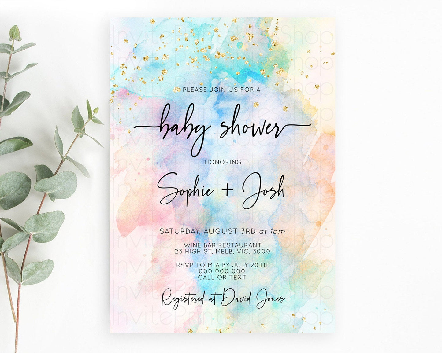 Pastel Baby Shower Invitation Rainbow Baby Shower Invitation Colorful Pastel Watercolor Invitation Gold Glitter Sprinkles Ombre D10260