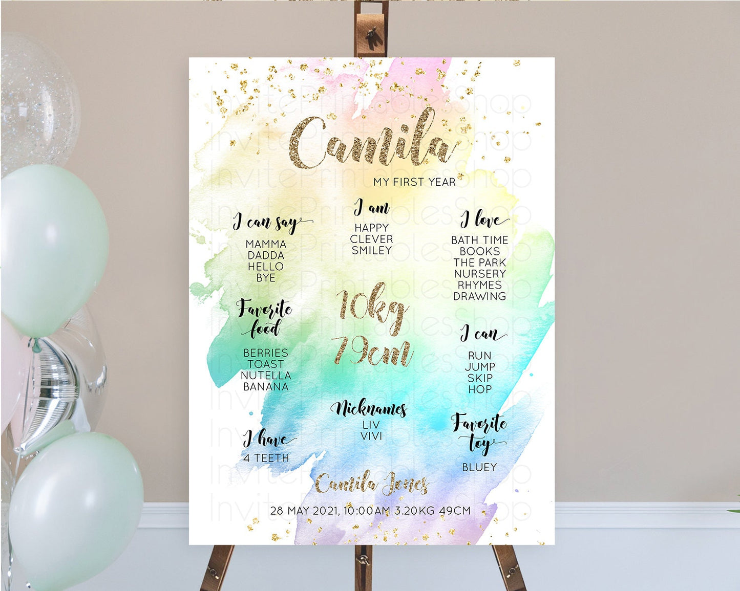 Pastel First Birthday Milestone Board Pastel Rainbow Milestone Poster Colorful Confetti Watercolor Glitter 1st Birthday Welcome Sign D10259