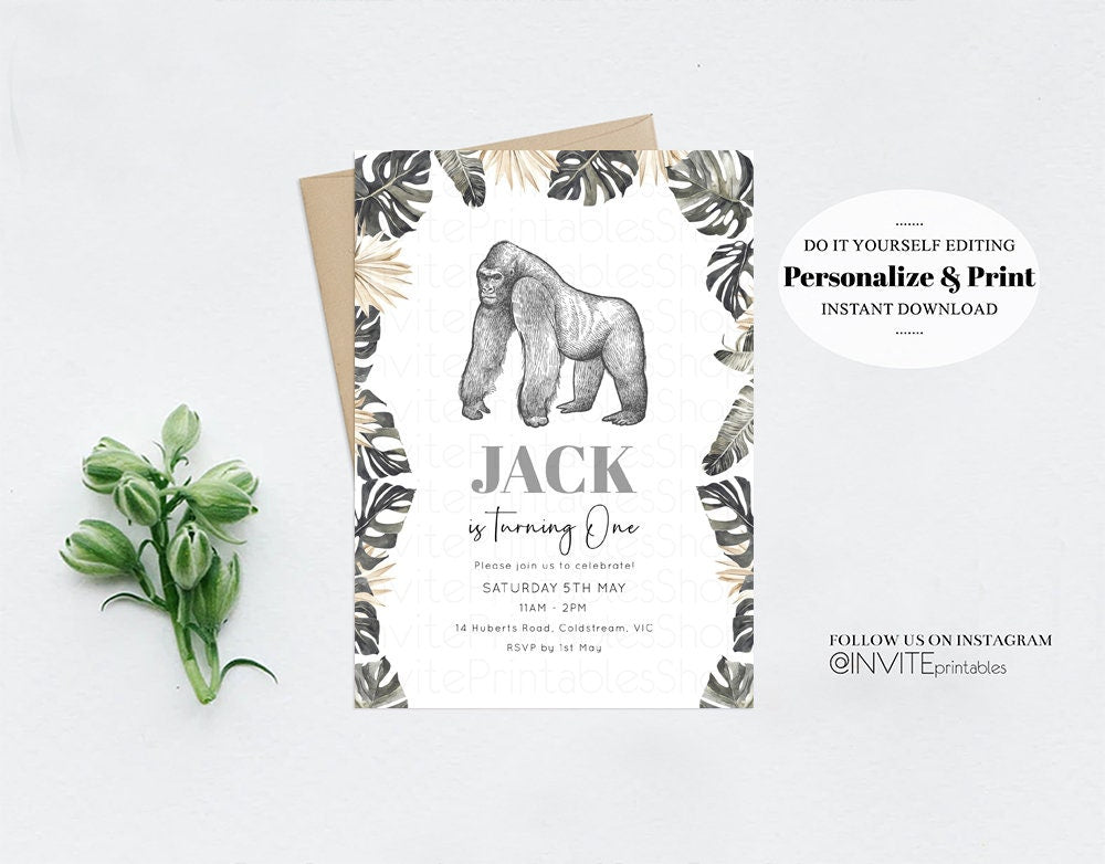 Gorilla Birthday Invitation Watercolor Gorilla Tropical Palm Jungle Safari Adventure Zoo Party Wild Party Animal Custom Editable Invite