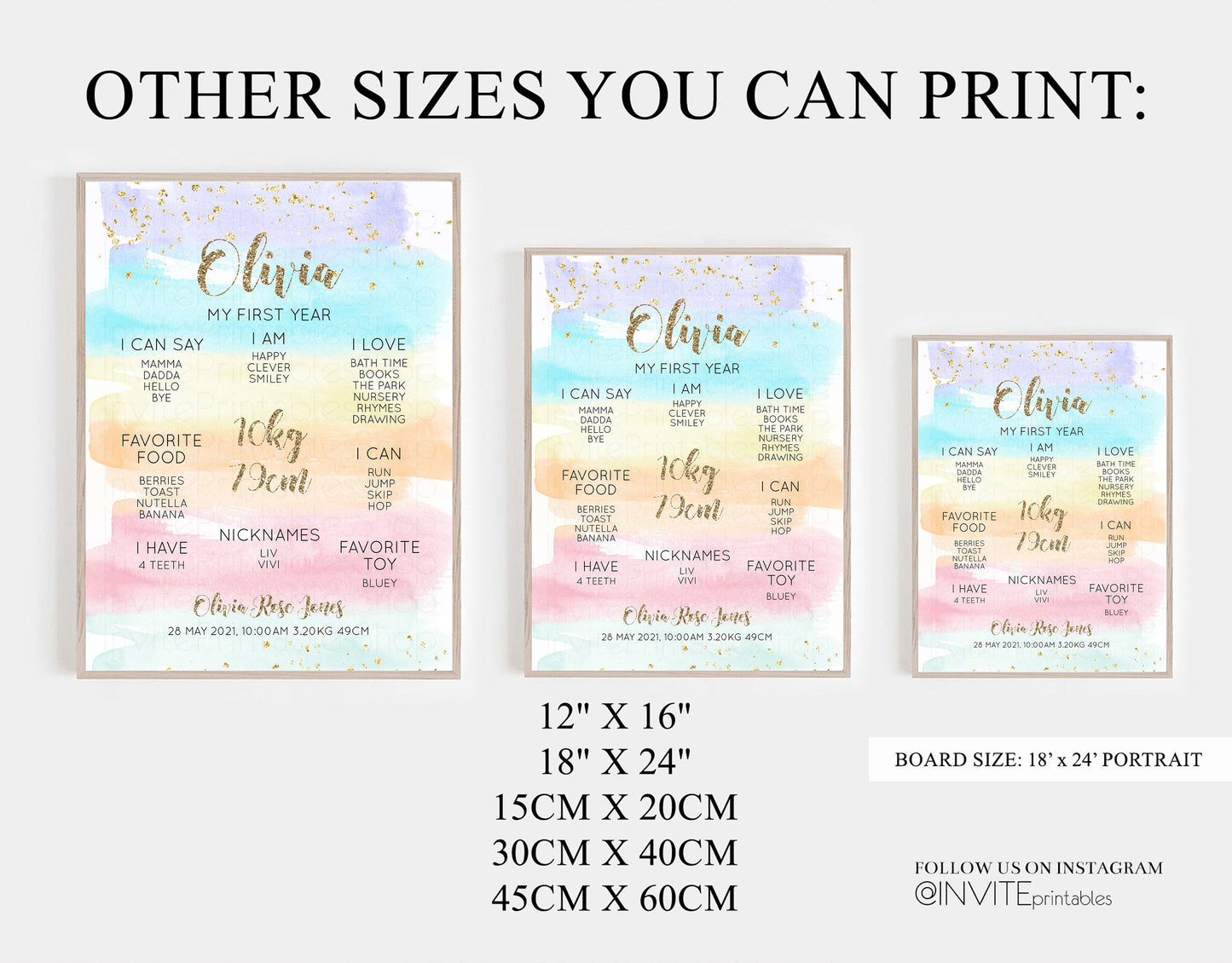 Pastel First Birthday Milestone Board Pastel Rainbow Milestone Poster Watercolor  Glitter One Year Poster Colorful Splash Baby 1st Year 525
