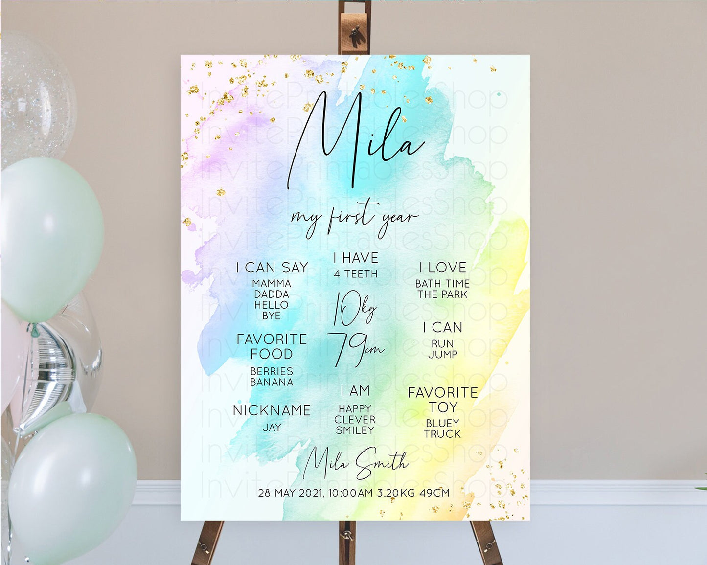Pastel First Birthday Milestone Board Pastel Rainbow Milestone Poster Colorful Confetti Watercolor Glitter 1st Birthday Welcome Sign D10773