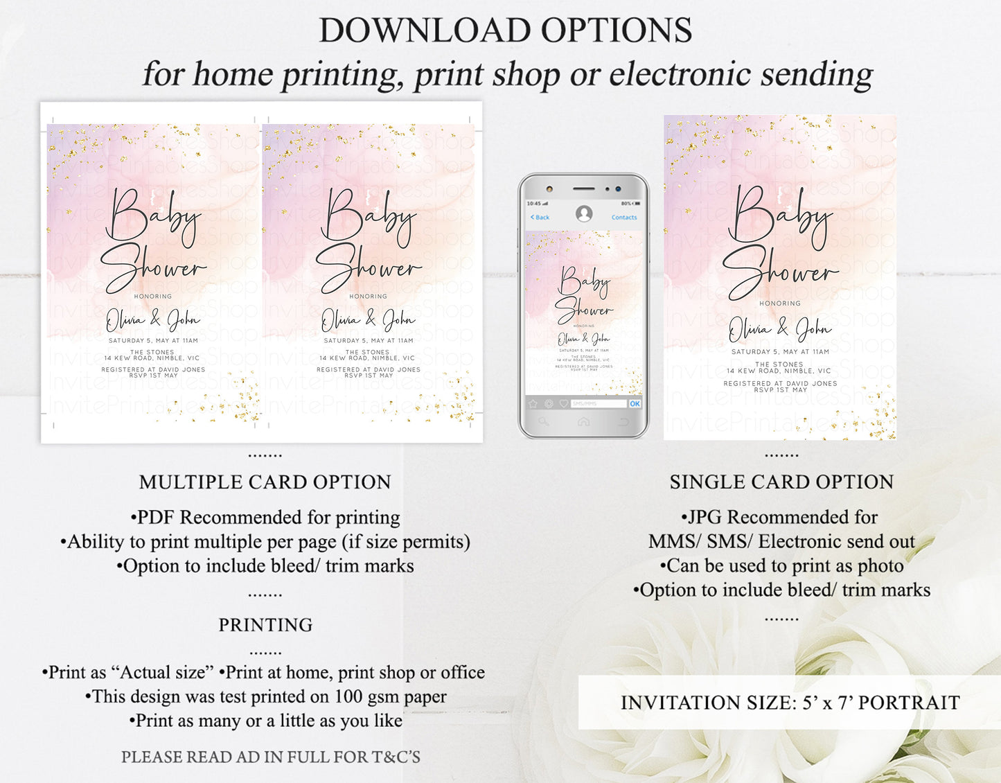 Pastel Pink Baby Shower Invitation Watercolor Ink Gold Glitter Foil Sprinkles Confetti Splash It's a Girl Invite Editable Instant Download