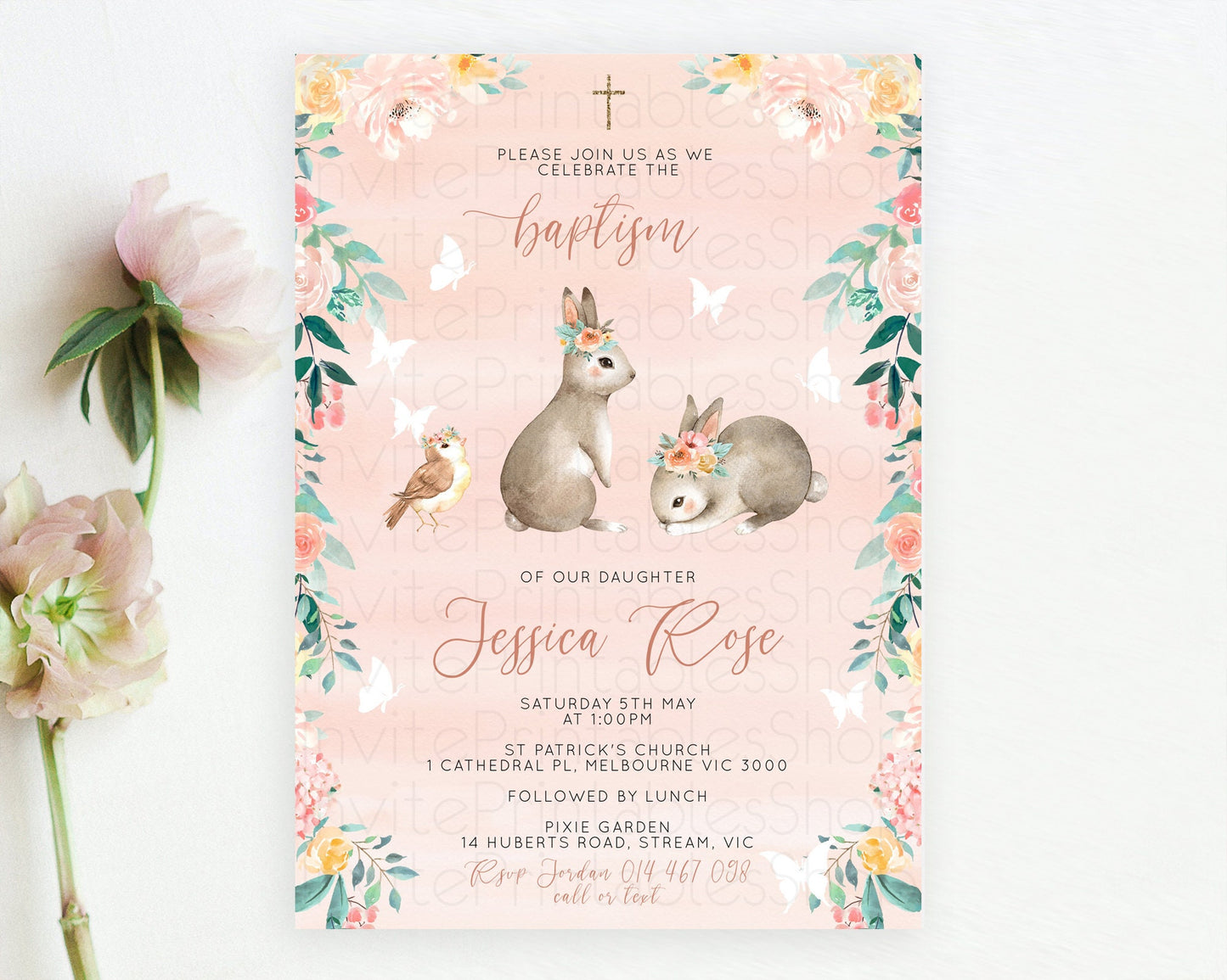 Bunny Baptism Invitation Floral Bunny Baptism 1st Birthday Invitation Pastel Bunny Christening Invite Watercolor Forest Bunny Party  D10922