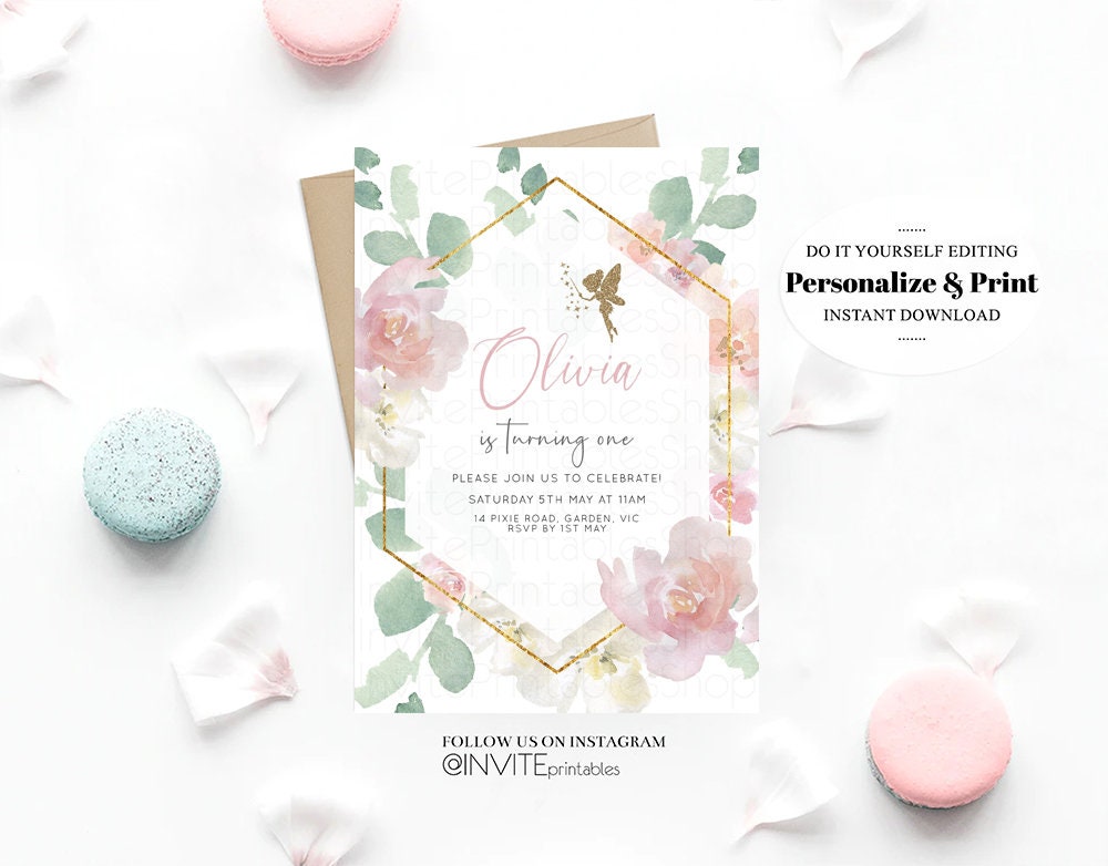 Fairy Birthday Invitation Enchanted Secret Garden Fairytale Watercolor Tinker Bell Glitter Floral Pastel Pink Flowers Template Invite