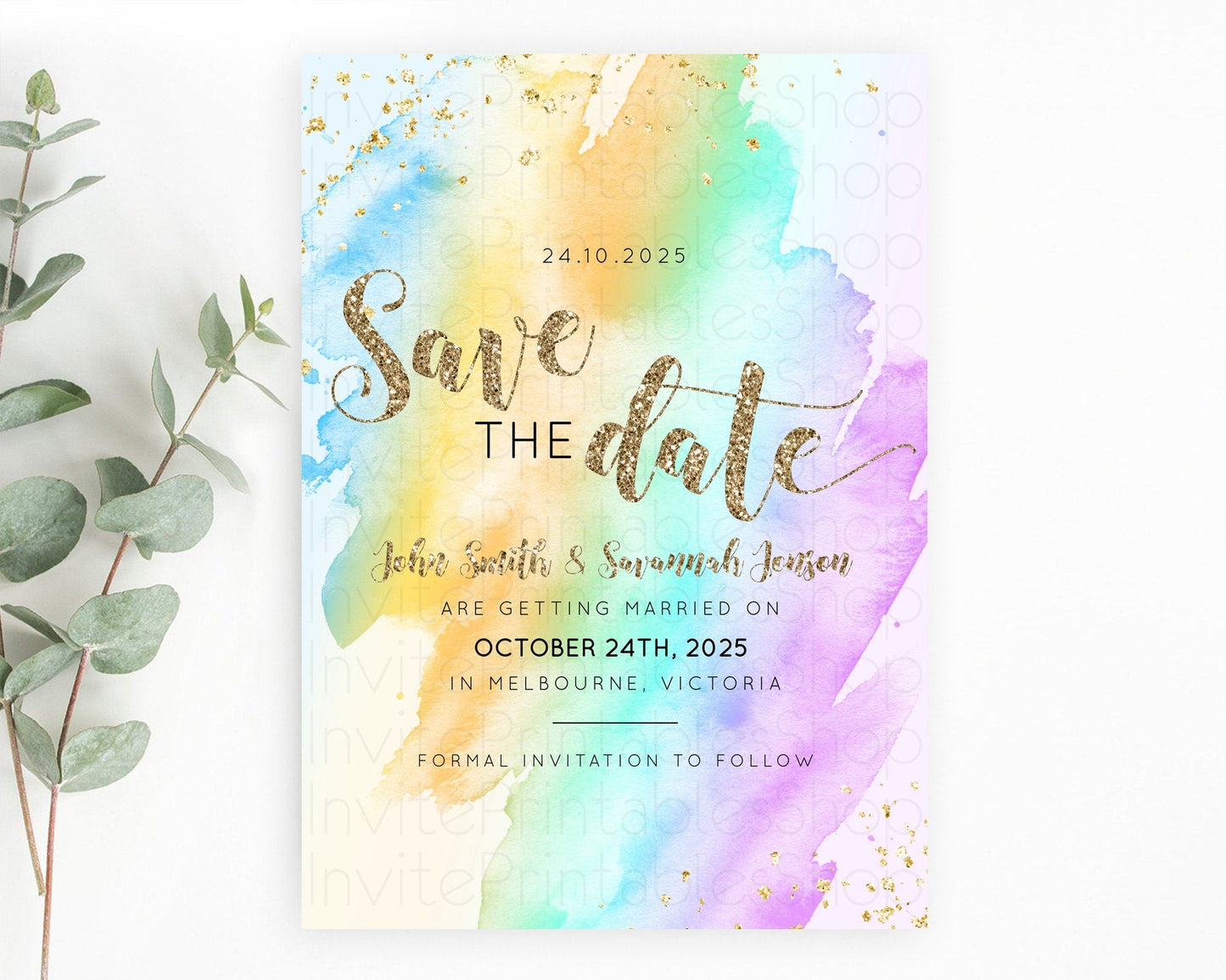 Pastel Save The Date Template Pastel Ombre Rainbow Watercolor Colorful Party For Birthday Baptism Baby Shower Wedding Bridal Shower D10426