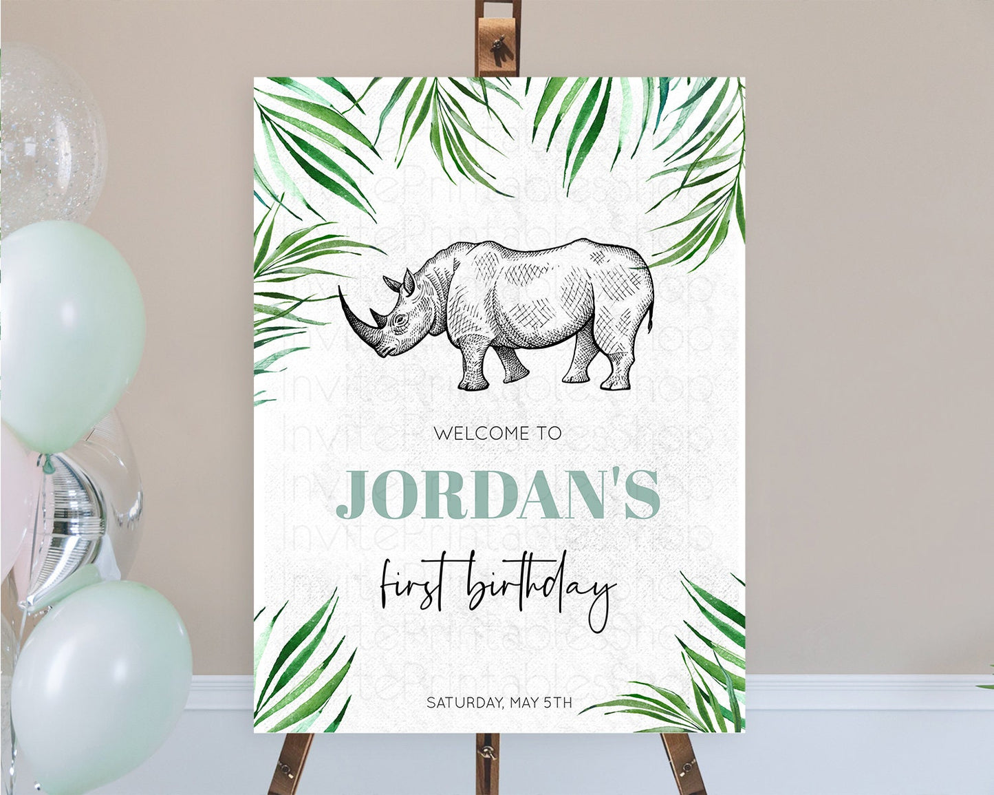 Rhino Welcome Sign Rhino Welcome Board Rhino Welcome Poster Dried Palm Fern Safari Party Decor Rhino First Birthday Welcome Sign D10848