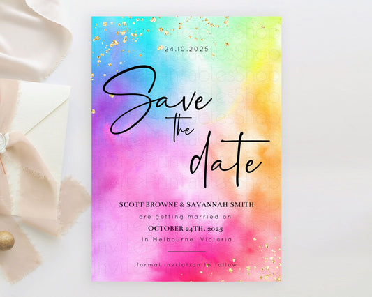 Editable Tie Dye Save The Date Template Rainbow Pastel Ombre Watercolor Part