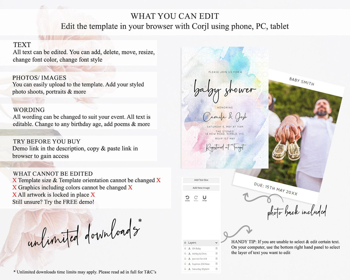 Pastel Baby Shower Invitation Rainbow Baby Shower Invitation Colorful Pastel Watercolor Invitation Gold Glitter Sprinkles Ombre D10585