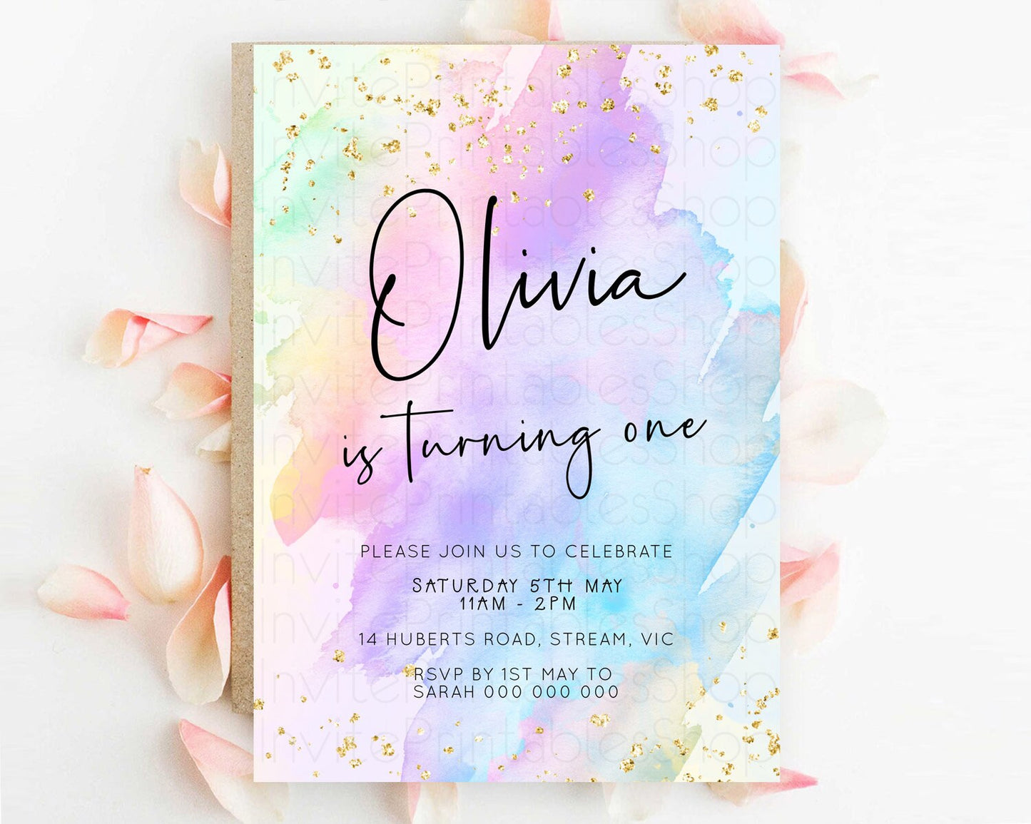 Pastel Birthday Invitation Ombre Watercolor Birthday Invitation Glitter Rainbow Color Splash 1st 2nd 3rd Birthday Invitation D23064