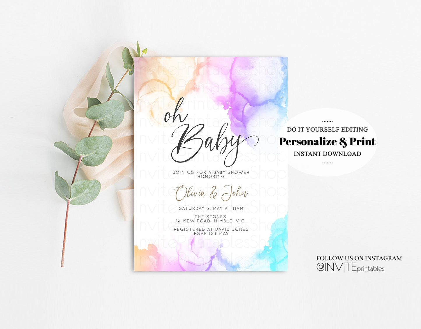 Rainbow Baby Shower Invitation Pastel Colorful Watercolor Ink Splash Gold Glitter Foil Sprinkles Confetti Gender Neutral Editable Invite