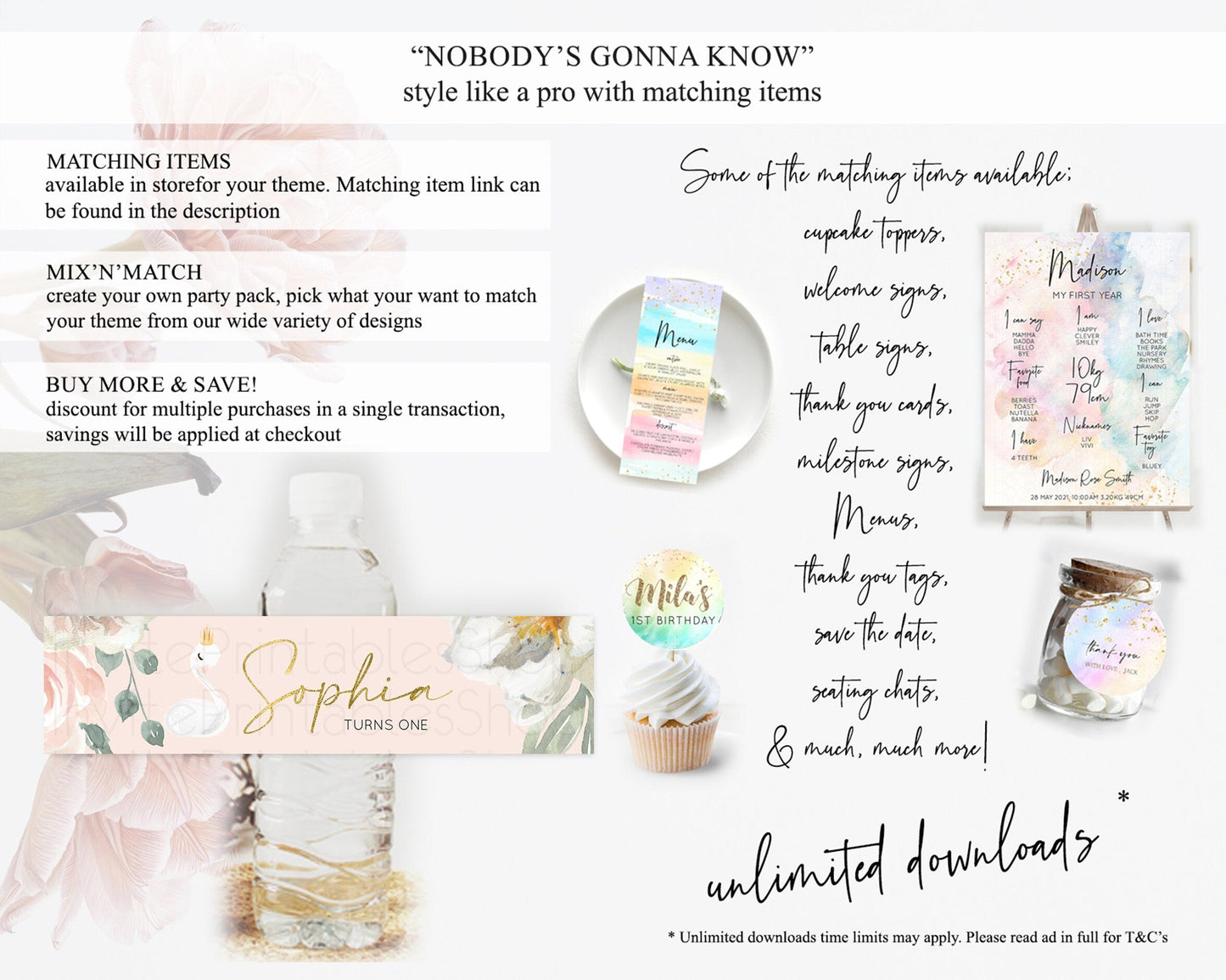 Swan Water Label Template Swan Princess Ballet Party Decor Enchanted Secret Garden Pastel Floral Birthday Baptism Baby Shower D10115