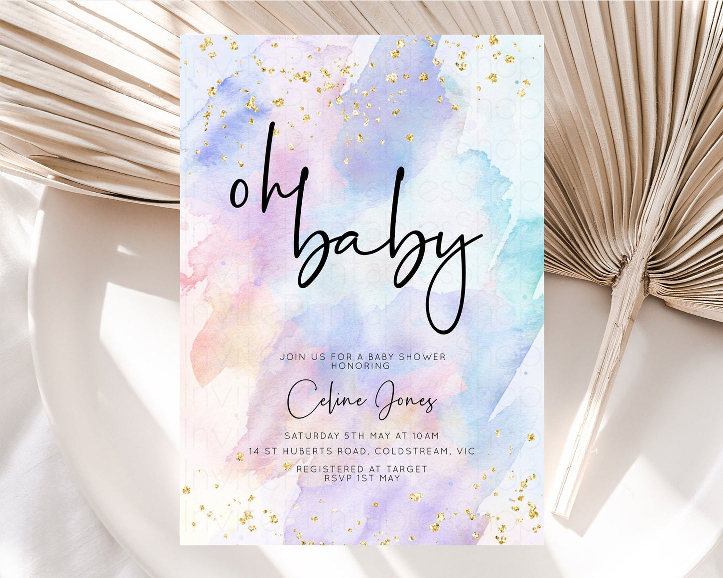 Rainbow Baby Shower Invitation Watercolor Pastel Invitation Colorful Splash Baby Invite Gold Glitter Sprinkles Ombre Gender Reveal t576