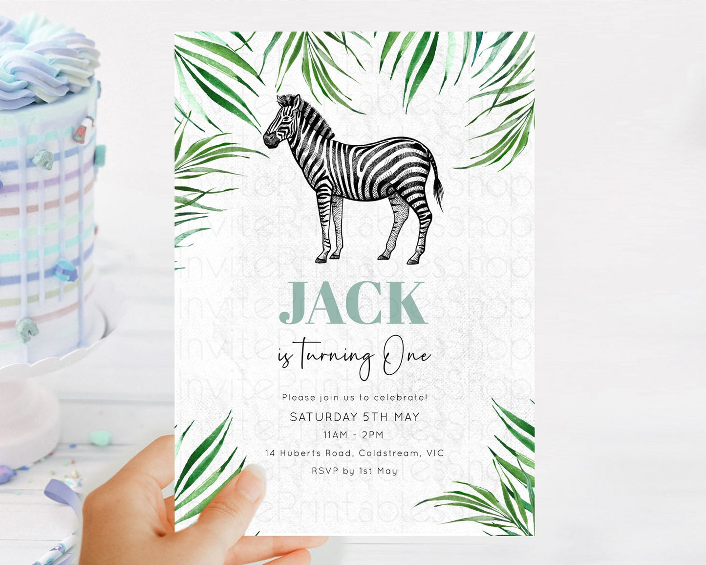 Zebra Birthday Invitation Zebra Invite Jungle Safari invite Watercolor Tropical Palm Invite Adventure Zoo Party Wild Animal Party D10844