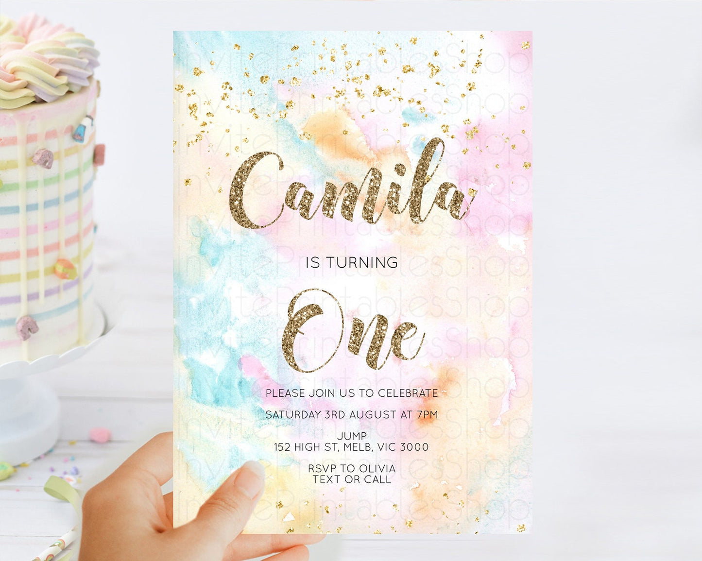 Rainbow Birthday Invitation Colorful Pastel Watercolor Invitation Gold Glitter Sprinkles Ombre Pastel 1st 2nd 3rd Birthday D10548